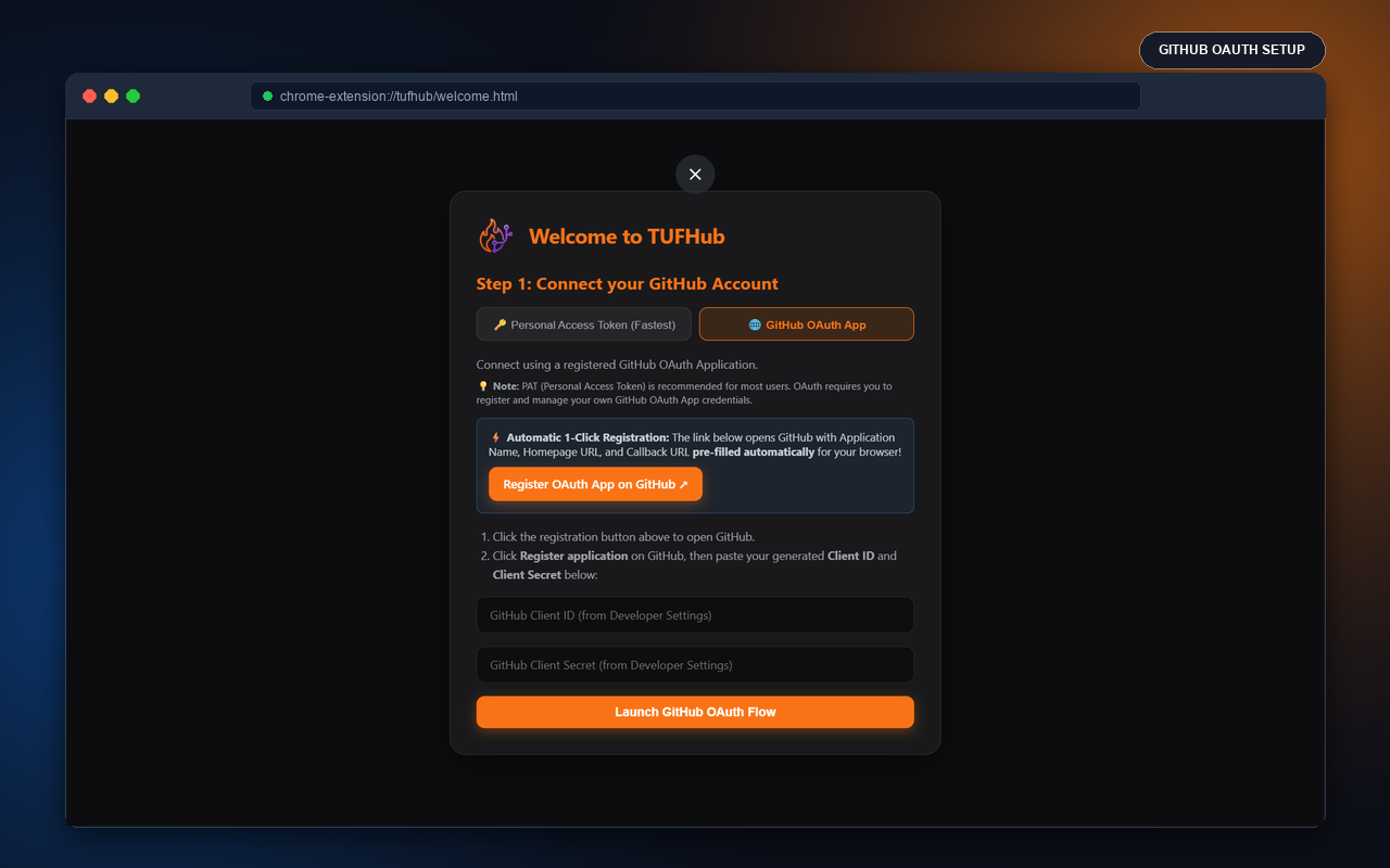 GitHub OAuth setup screen in the TUFHub welcome flow