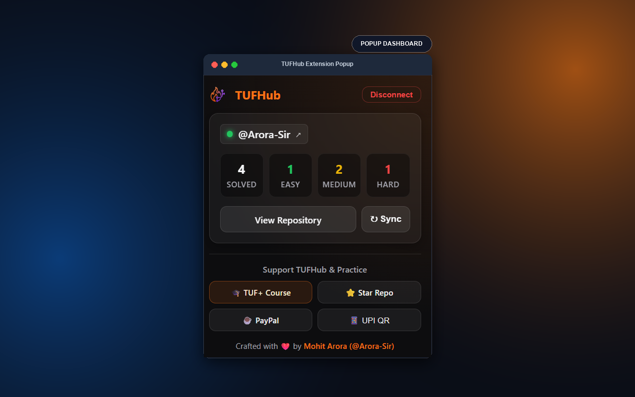 TUFHub extension popup dashboard with solved problem stats