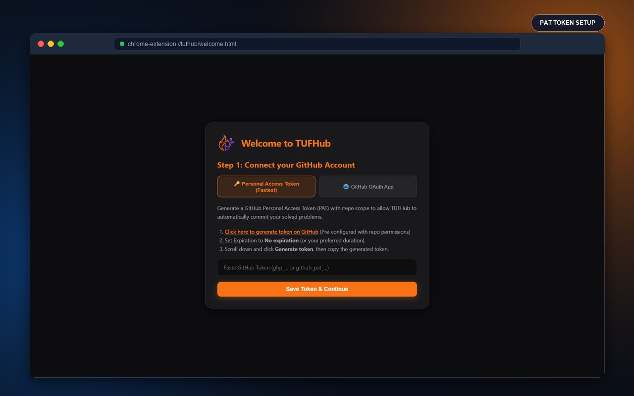 Personal Access Token setup screen in the TUFHub welcome flow