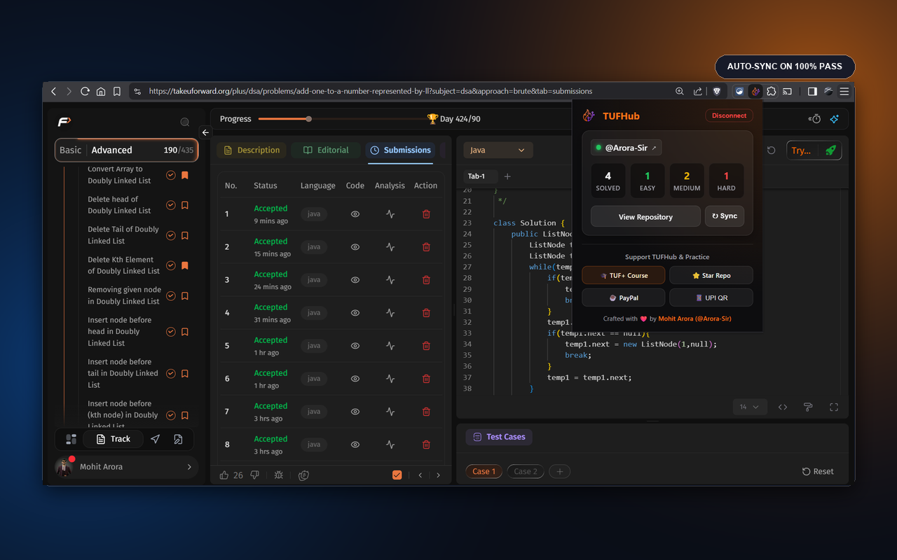 TakeUForward submissions page with the TUFHub popup syncing a solution